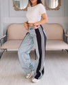 Hoch taillierte gerade Hose Freizeithose Gestreifte Patchwork-Jeans Damen