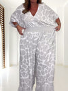 Dames Jumpsuit met Diepe V-hals en Elastische Taille - Grijs en Wit Kleurblok, Oversized Pasvorm S-3XL (D)