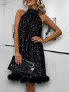 Elegante Halter Cocktailjurk voor Dames met Pailletten en Veerzoom – Mini Galajurk voor Feestelijke GelegenhedenZwart C