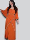 Elegante Lange Jurk Dames met Lange Mouwen en Riem - Vloerlange Maxi Jurk voor Formele Gelegenheden - Oranje