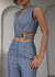 Stijlvolle 2-Delige Set Dames met Crop Vest en Brede Pijpenbroek - Wit, Verstelbare Riem, Veelzijdig en Comfortabel - Blauw