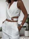 Stijlvolle 2-Delige Set Dames met Crop Vest en Brede Pijpenbroek - Wit, Verstelbare Riem, Veelzijdig en Comfortabel 