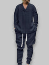 Stijlvolle loungewearset voor heren - 2-delige V-hals sweatshirt en joggingbroek met jacquardpatroon, comfortabele loungewear voor dames - Blauw