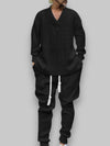Stijlvolle loungewearset voor heren - 2-delige V-hals sweatshirt en joggingbroek met jacquardpatroon, comfortabele loungewear voor dames - Zwart