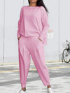 Tweedelige Set Dames met Ronde Hals en Lange Mouwen - Comfortabele Broek en Top in Diverse Kleuren -Rose