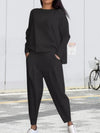 Tweedelige Set Dames met Ronde Hals en Lange Mouwen - Comfortabele Broek en Top in Diverse Kleuren - Zwart