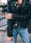 Leren jack met bloemenprint en borduurwerk