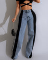 Hoch taillierte gerade Hose Freizeithose Gestreifte Patchwork-Jeans Damen