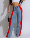Hoch taillierte gerade Hose Freizeithose Gestreifte Patchwork-Jeans Damen